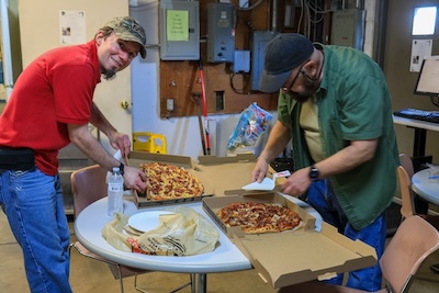 Pizza, Mt. Dew, and donuts fuel the work of our great volunteers on Wednesdays and Saturdays.